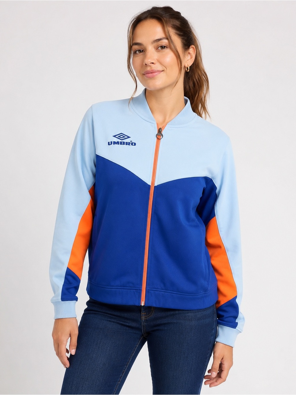 Umbro Women’s Colorblocked Bomber Jacket in Light Blue, Royal Blue & Orange